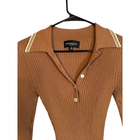 Free Market Brown Ribbed Button Henley Collared Clouse Women Sz M - Picture 3 of 8